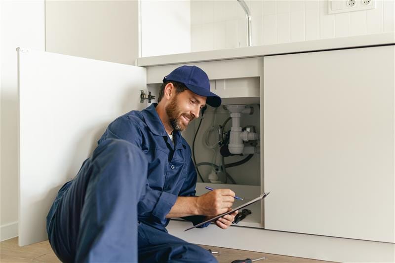 Residential plumber reviewing plumbing repairs in a Fort Lauderdale kitchen