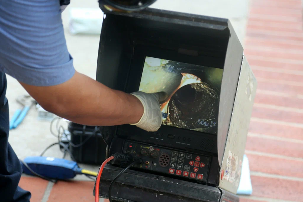 Technician viewing a drain inspection camera in Fort Lauderdale